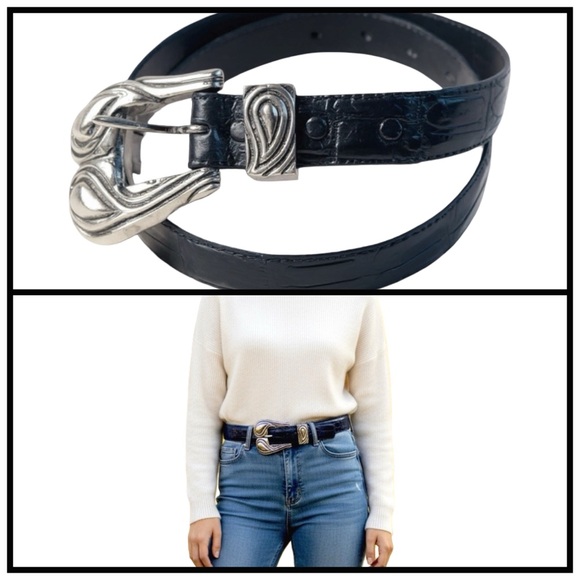 Women’s Elegant Slim Alligator Belt. Black Silver. Small
